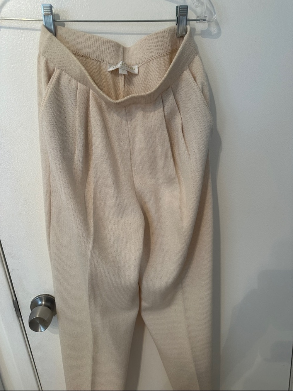 St. John Basics Cream High-Waist Pleated Knit Trousers
